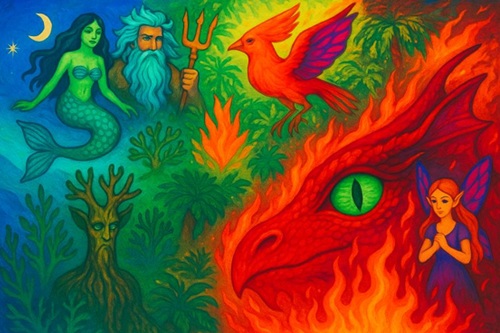 Collage aus mystischen Wesen wie Meerjungfrau, Drache, Elfe